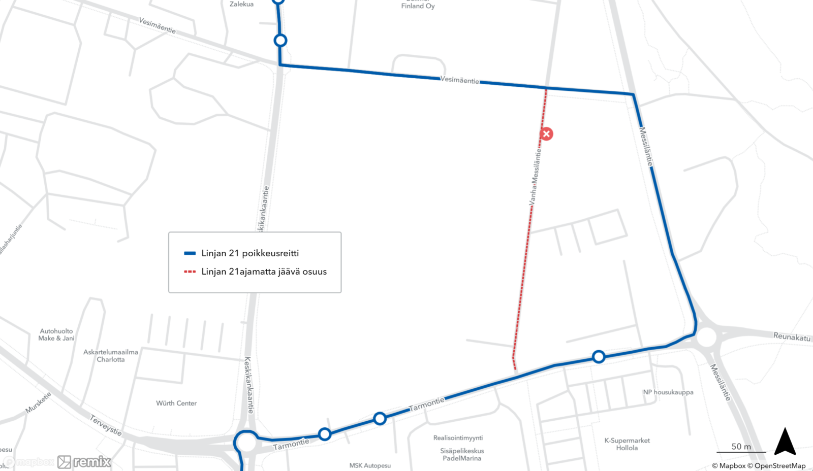 Karttakuva tekstinä selitetystä kiertoreitistä.
