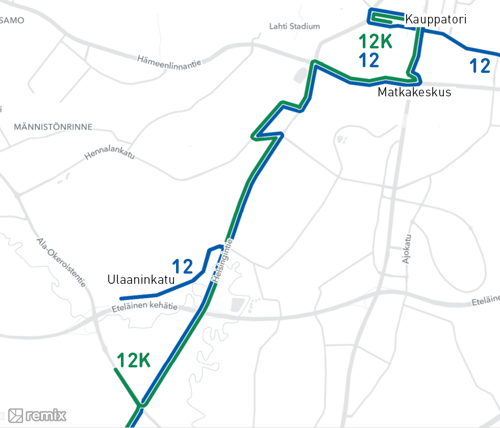Linjan 12 ja 12K uudet reitit kartalla.