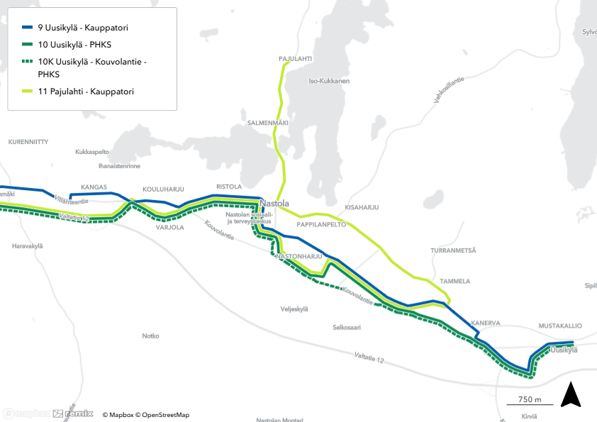 Nastolan linjat kartalla.
