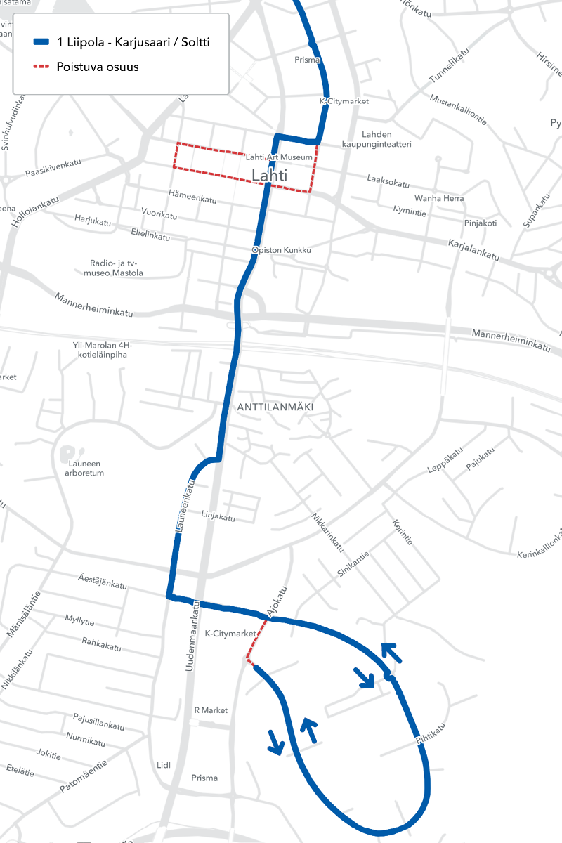 Linjan 1 reittimuutokset kartalla.