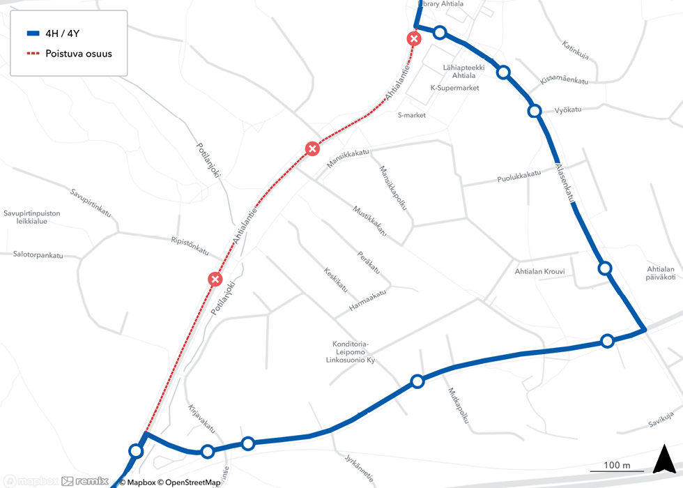 Linjojen 4H ja 4Y poikkeusreitti kartalla.