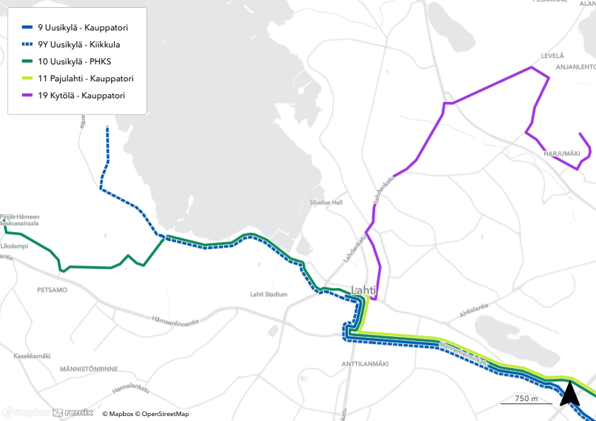 Linjat 9, 10 ja 11 kartalla.