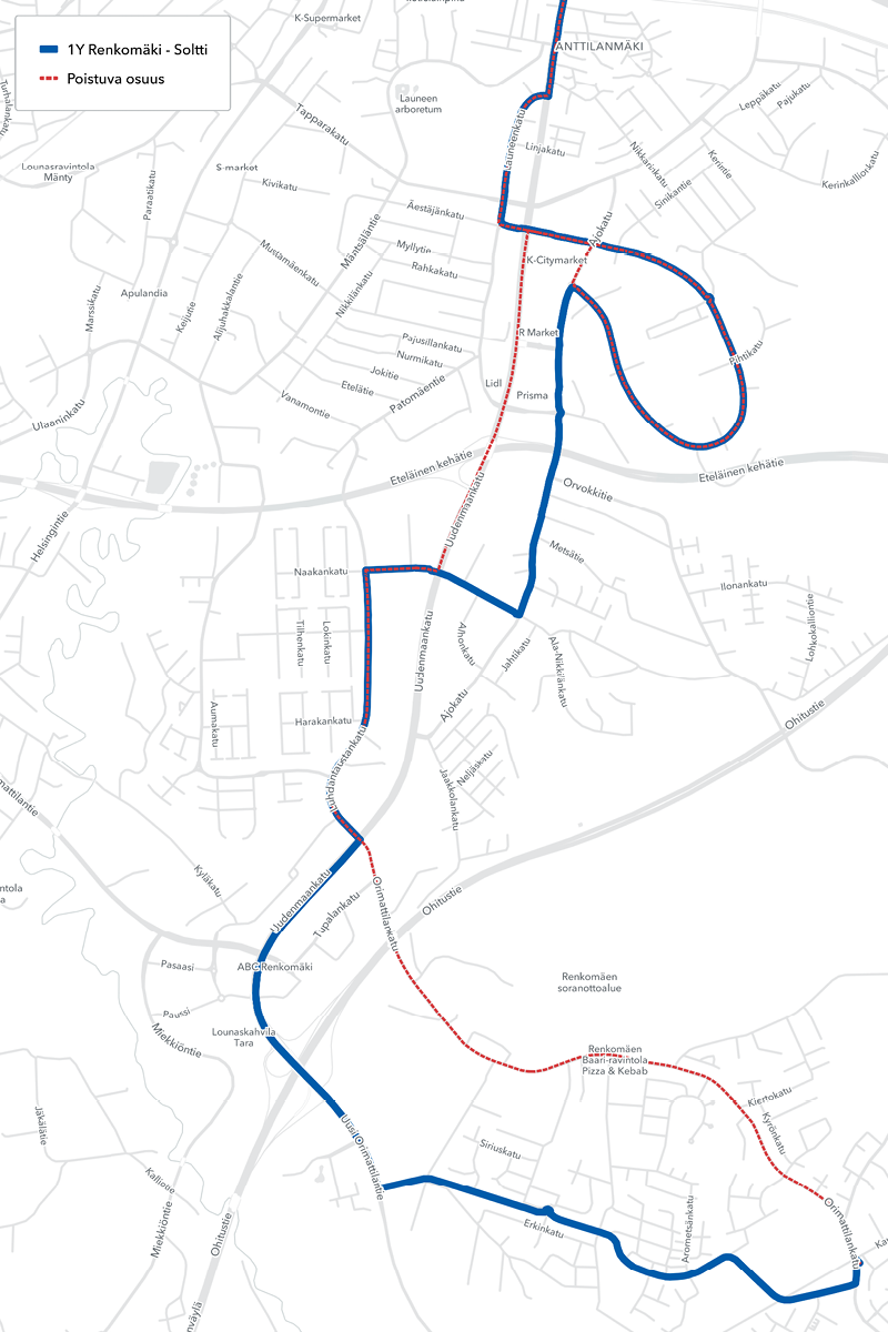 Linjan 1Y reitti kartalla.