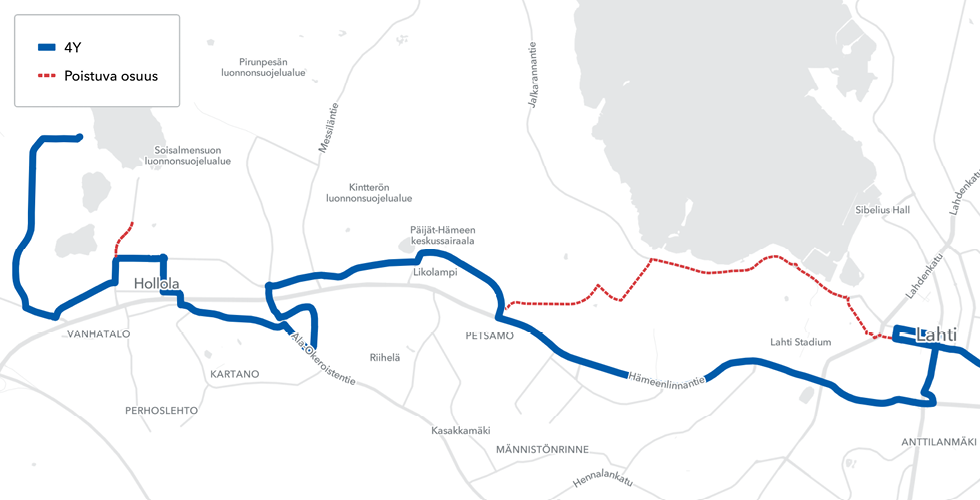 Linjan 4Y reitti kartalla.