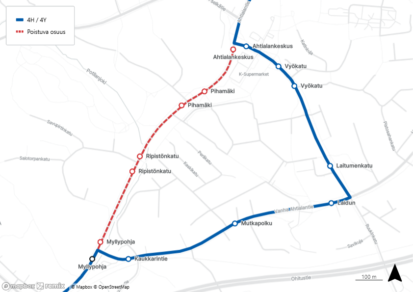 Ahtialan poikkeusreitti kartalla.