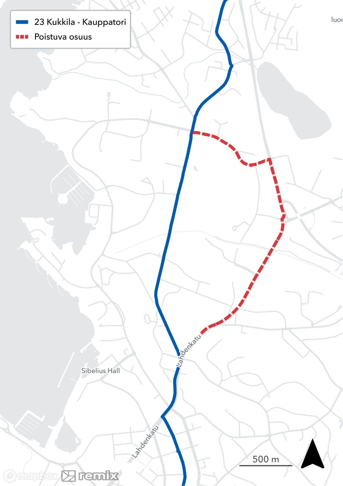 Linjan 23 reittimuutos kartalla.