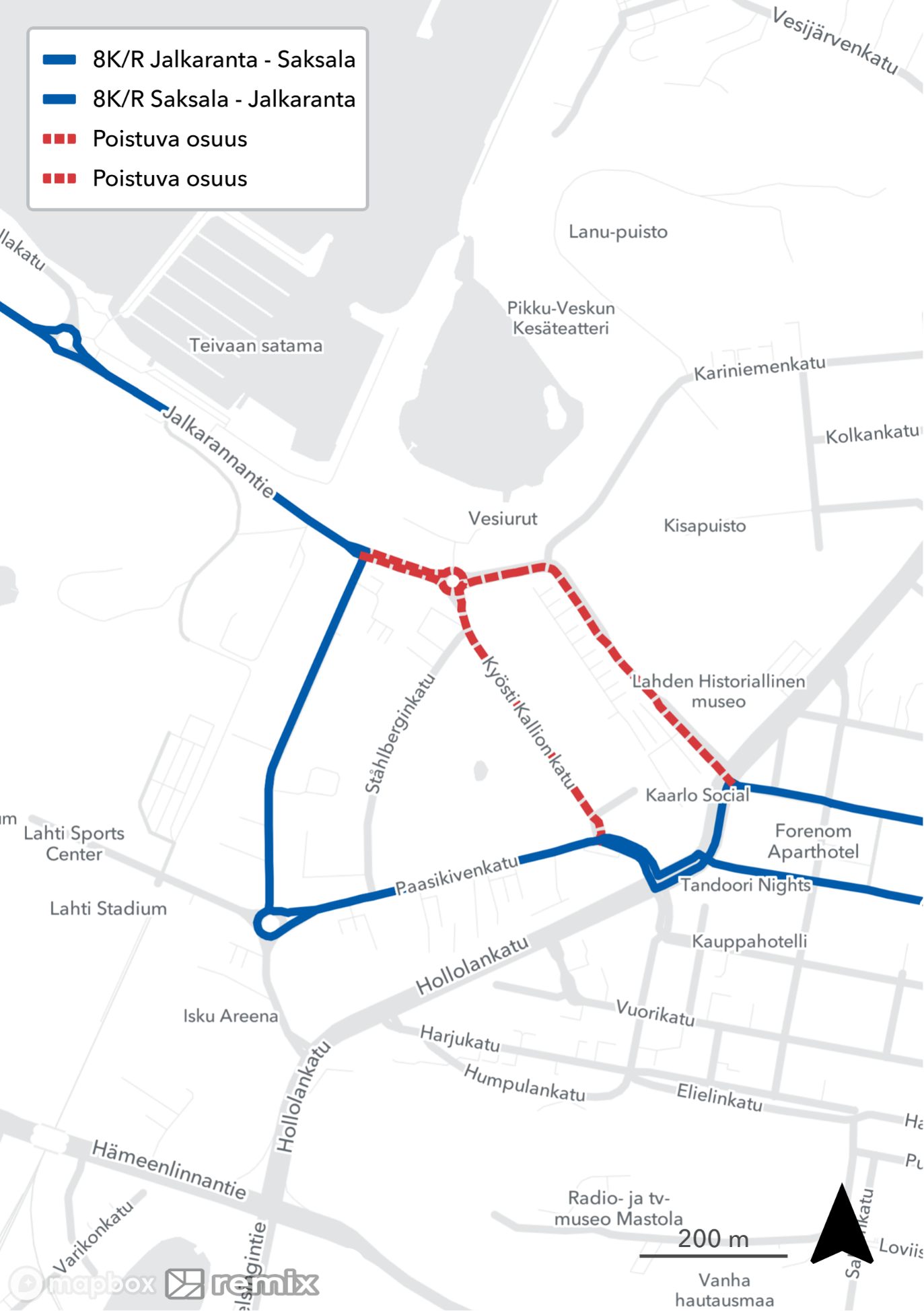 Linjojen 8K ja 8R reittimuutos kartalla.