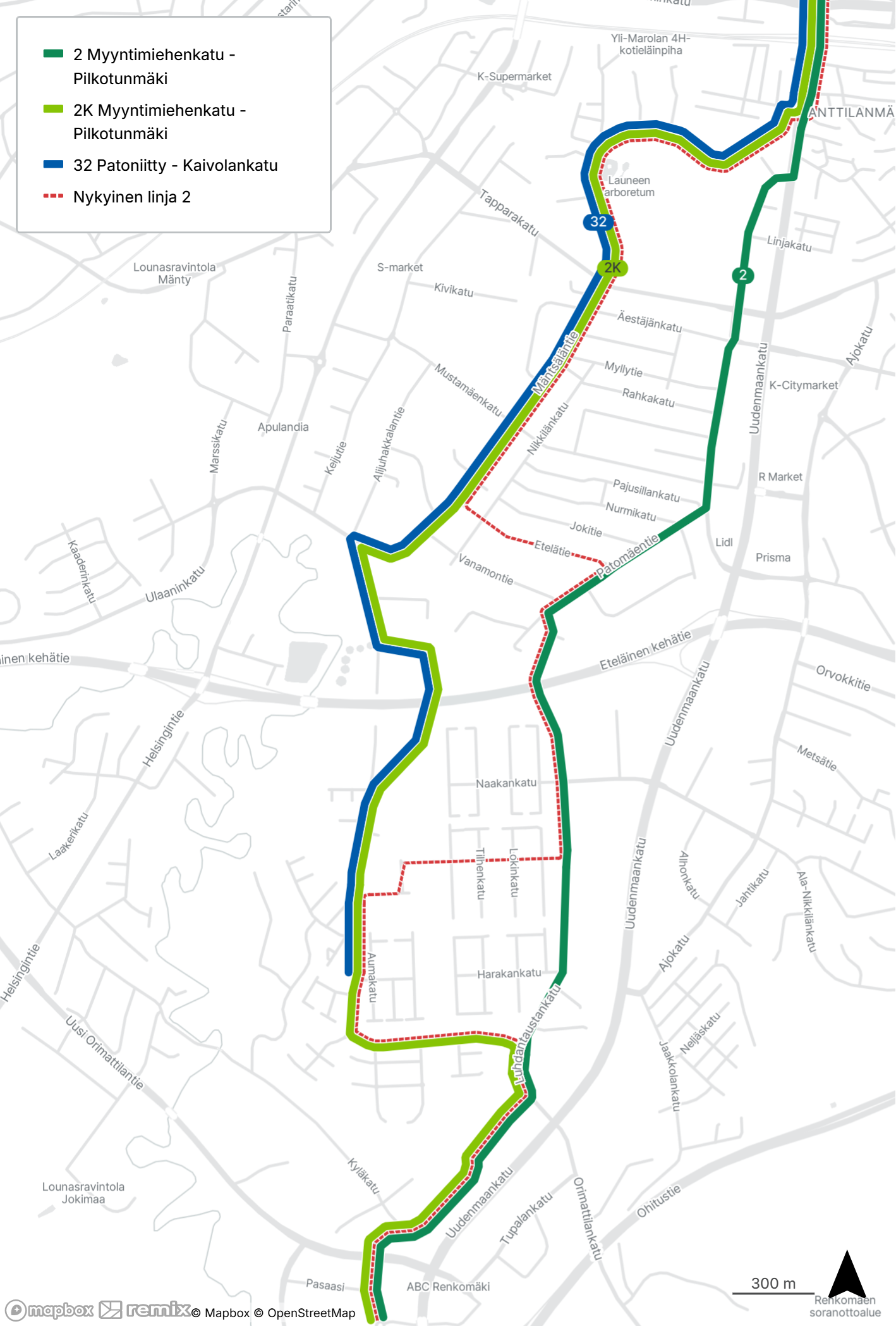 Linjojen 2, 2K, 32 reitit kartalla.